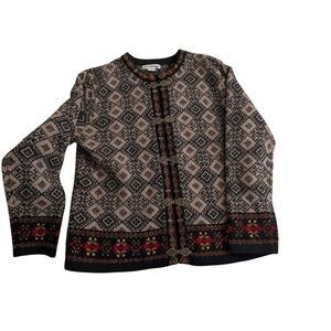 Susan Bristol 100% Wool Cardigan‎ Sweater Brown Black Button Front Women's M